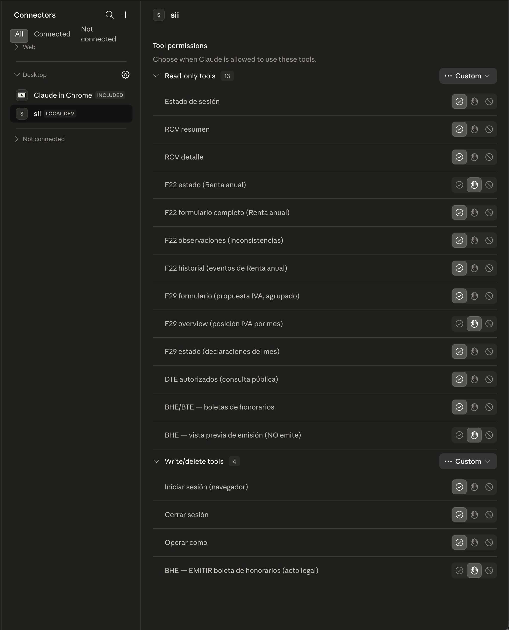 Lista de herramientas del conector sii en Claude Desktop